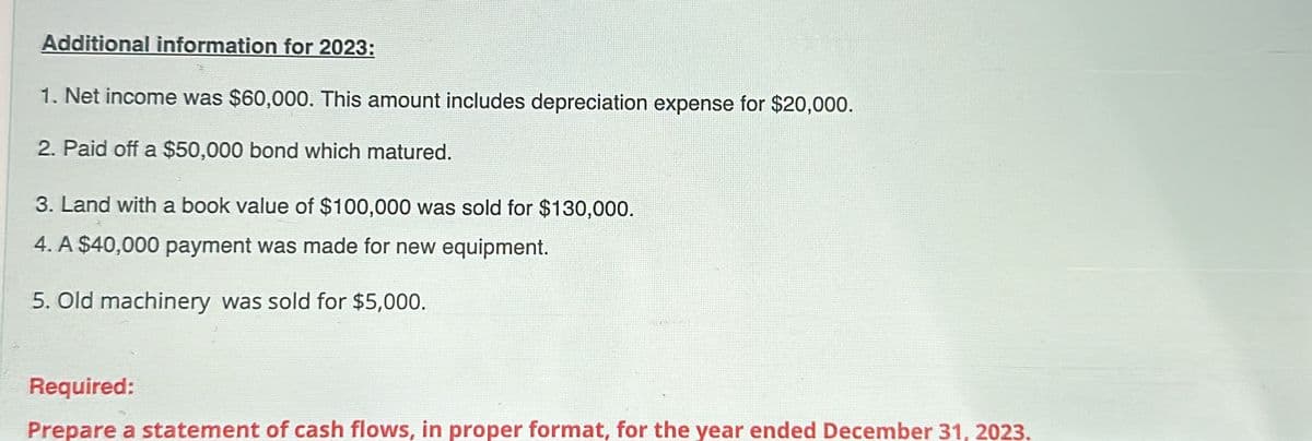Additional information for 2023:
1. Net income was $60,000. This amount includes depreciation expense for $20,000.
2. Paid off a $50,000 bond which matured.
3. Land with a book value of $100,000 was sold for $130,000.
4. A $40,000 payment was made for new equipment.
5. Old machinery was sold for $5,000.
Required:
Prepare a statement of cash flows, in proper format, for the year ended December 31, 2023.