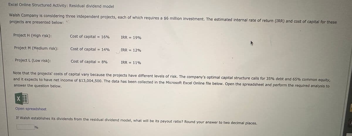Excel Online Structured Activity: Residual dividend model
Walsh Company is considering three independent projects, each of which requires a $6 million investment. The estimated internal rate of return (IRR) and cost of capital for these
projects are presented below:
Project H (High risk):
Cost of capital = 16%
IRR = 19%
Project M (Medium risk):
Cost of capital = 14%
IRR = 12%
Project L (Low risk):
Cost of capital = 8%
IRR = 11%
Note that the projects' costs of capital vary because the projects have different levels of risk. The company's optimal capital structure calls for 35% debt and 65% common equity,
and it expects to have net income of $13,004,500. The data has been collected in the Microsoft Excel Online file below. Open the spreadsheet and perform the required analysis to
answer the question below.
X
Open spreadsheet
If Walsh establishes its dividends from the residual dividend model, what will be its payout ratio? Round your answer to two decimal places.
%