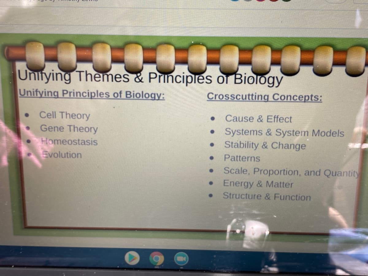 100
Unifying Themes & Principies or Biology
Unifying Principles of Biology:
Crosscutting Concepts:
Cell Theory
Gene Theory
Cause & Effect
• Systems & System Models
• Stability & Change
Homeostasis
Evolution
Patterns
Scale, Proportion, and Quantity
Energy & Matter
Structure & Function
