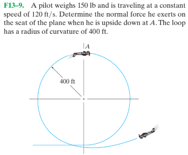 F13-9. A pilot weighs 150 lb and is traveling at a constant
speed of 120 ft/s. Determine the normal force he exerts on
the seat of the plane when he is upside down at A. The loop
has a radius of curvature of 400 ft.
|A
400 ft
