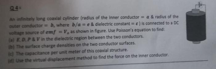 944
An infinitely long coaxial cylinder (radius of the inner conductor = a & radius of the
outer conductor = b, where b/a = e & dielectric constant = E) is connected to a DC
voltage source of emf
(a) EDP&V in the dielectric region between the two conductors.
b The surface charge densities on the two conductor surfaces.
The capacitance per unit meter of this coaxial structure.
(d Use the virtual displacement method to find the force on the inner conductor.
%3D
= V, as shown in figure. Use Poisson's equation to find:
