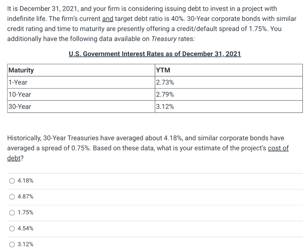 It is December 31, 2021, and your firm is considering issuing debt to invest in a project with
indefinite life. The firm's current and target debt ratio is 40%. 30-Year corporate bonds with similar
credit rating and time to maturity are presently offering a credit/default spread of 1.75%. You
additionally have the following data available on Treasury rates:
U.S. Government Interest Rates as of December 31, 2021
Maturity
1-Year
10-Year
30-Year
Historically, 30-Year Treasuries have averaged about 4.18%, and similar corporate bonds have
averaged a spread of 0.75%. Based on these data, what is your estimate of the project's cost of
debt?
4.18%
4.87%
O 1.75%
4.54%
YTM
2.73%
2.79%
3.12%
O 3.12%