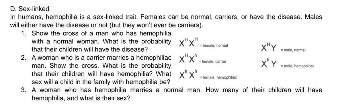 D. Sex-linked
In humans, hemophilia is a sex-linked trait. Females can be normal, carriers, or have the disease. Males
will either have the disease or not (but they won't ever be carriers).
1. Show the cross of a man who has hemophilia
with a normal woman. What is the probability
that their children will have the disease?
H
H
= female, normal
H h
X X = female, carrier
h
xxn
XHY
X" Y
2. A woman who is a carrier marries a hemophiliac
man. Show the cross. What is the probability
that their children will have hemophilia? What
sex will a child in the family with hemophilia be?
3. A woman who has hemophilia marries a normal man. How many of their children will have
hemophilia, and what is their sex?
= female, hemophiliac
= male, normal
= male, hemophiliac