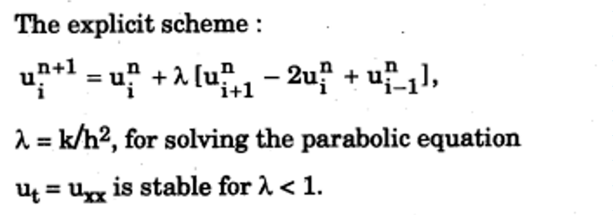 The explicit scheme:
u²+¹=u² + λ [u²₁ - 2uf + uf_₁],
i+1
λ = k/h², for solving the parabolic equation
ut = Uxx is stable for λ < 1.