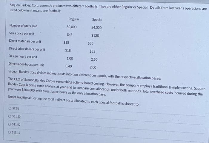 Saquon Barkley, Corp. currently produces two different footballs. They are either Regular or Special. Details from last year's operations are
listed below (unit means one football):
Regular
O $7.56
O $31.50
O $11.52
O $15.12
Number of units sold
Sales price per unit
Direct materials per unit
Direct labor dollars per unit
Design hours per unit
Direct labor-hours per unit
0.40
2.00
Saquon Barkley Corp divides indirect costs into two different cost pools, with the respective allocation bases:
The CEO of Saquon Barkley Corp is researching activity-based costing. However, the company employs traditional (simple) costing. Saquon
Barkley Corp is doing some analysis at year-end to compare cost allocation under both methods. Total overhead costs incurred during the
year were $604,800, with direct labor-hours as the only allocation base.
Under Traditional Costing the total indirect costs allocated to each Special football is closest to:
80,000
$45
$15
$18
Special
24,000
$120
1.00
$35
$55
2.50