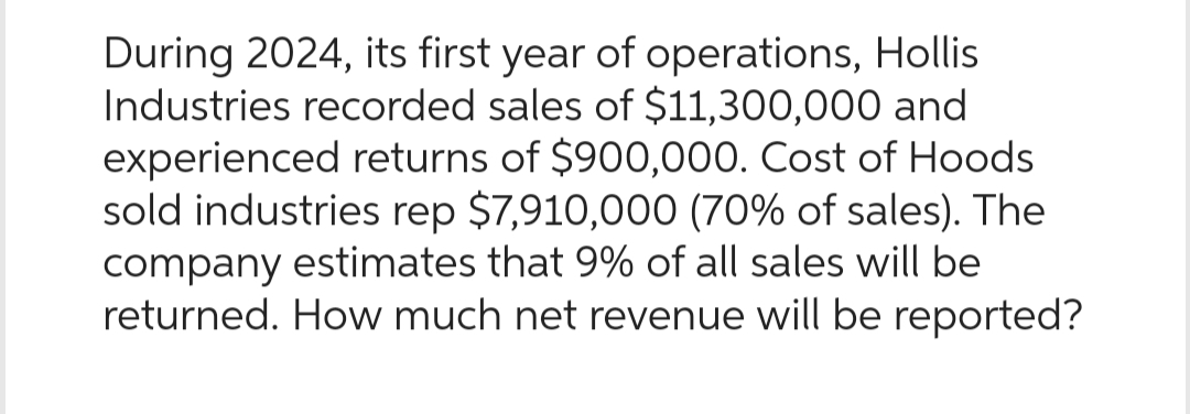 During 2024, its first year of operations, Hollis
Industries recorded sales of $11,300,000 and
experienced returns of $900,000. Cost of Hoods
sold industries rep $7,910,000 (70% of sales). The
company estimates that 9% of all sales will be
returned. How much net revenue will be reported?