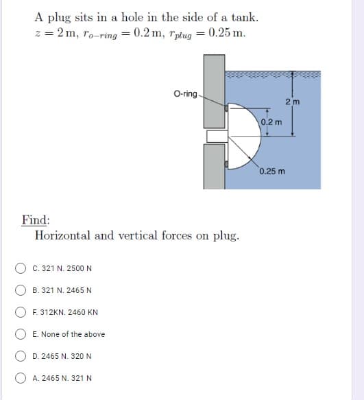 A plug sits in a hole in the side of a tank.
z = 2 m, ro-ring = 0.2 m, rplug = 0.25 m.
O-ring
2 m
0.2 m
0.25 m
Find:
Horizontal and vertical forces on plug.
C. 321 N. 2500 N
B. 321 N. 2465 N
F. 312KN. 2460 KN
E. None of the above
O D. 2465 N. 320 N
A. 2465 N. 321 N
