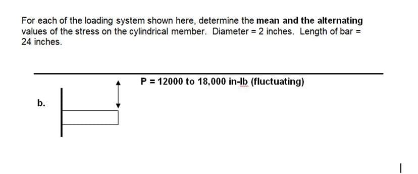 For each of the loading system shown here, determine the mean and the alternating
values of the stress on the cylindrical member. Diameter = 2 inches. Length of bar =
24 inches.
P = 12000 to 18,000 in-lb (fluctuating)
b.
