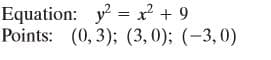 Equation: y = x + 9
Points: (0, 3); (3,0); (-3,0)
