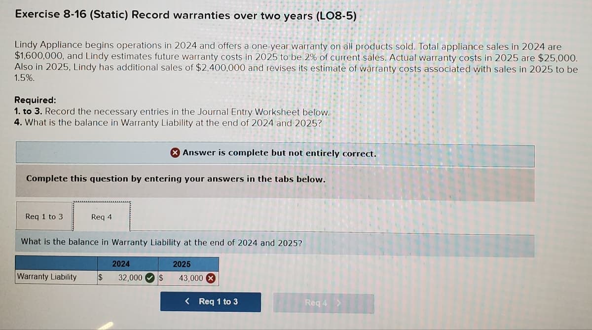Exercise 8-16 (Static) Record warranties over two years (LO8-5)
Lindy Appliance begins operations in 2024 and offers a one-year warranty on all products sold. Total appliance sales in 2024 are
$1,600,000, and Lindy estimates future warranty costs in 2025 to be 2% of current sales. Actual warranty costs in 2025 are $25,000.
Also in 2025, Lindy has additional sales of $2,400,000 and revises its estimate of warranty costs associated with sales in 2025 to be
1.5%.
Required:
1. to 3. Record the necessary entries in the Journal Entry Worksheet below.
4. What is the balance in Warranty Liability at the end of 2024 and 2025?
Complete this question by entering your answers in the tabs below.
Req 1 to 3
Req 4
Warranty Liability
What is the balance in Warranty Liability at the end of 2024 and 2025?
$
2024
Answer is complete but not entirely correct.
32,000
$
2025
43,000 X
< Req 1 to 3
Req 4
