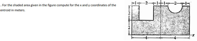 . For the shaded area given in the figure compute for the x and y coordinates of the
+1+1---2–
entroid in meters.
