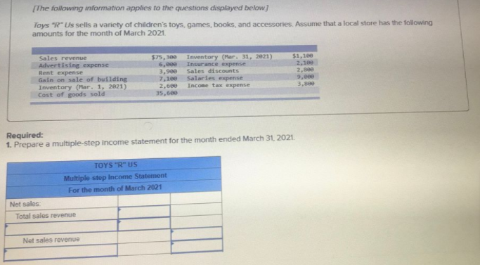 (The following information applies to the questions displayed below]
Toys "R" Us sells a variety of children's toys, games, books, and accessories. Assume that a local store has the following
amounts for the month of March 2021.
Sales revenue
Advertising expense
Rent expense
Gain on sale of building
Inventory (Mar. 1, 2021)
Cost of goods sold
$75, see
6,00e
3,900
7,100
2,600
Inventory (Mar. 31, 2021)
Insurance expense
Sales discounts
Salaries expense
Income tax expense
$1,100
2,100
2,800
9,000
3,800
35,600
Required:
1. Prepare a multiple-step income statement for the month ended March 31, 2021.
TOYS "R" US
Multiple step Income Statement
For the month of March 2021
Net sales
Total sales revenue
Net sales revenue
