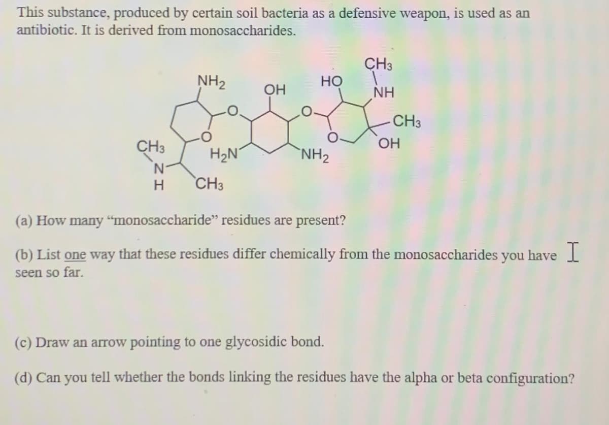This substance, produced by certain soil bacteria as a defensive weapon, is used as an
antibiotic. It is derived from monosaccharides.
CH3
H
NH₂
H₂N
CH3
OH
HO
NH₂
CH3
NH
-CH3
OH
(a) How many "monosaccharide" residues are present?
(b) List one way that these residues differ chemically from the monosaccharides you have I
seen so far.
(c) Draw an arrow pointing to one glycosidic bond.
(d) Can you tell whether the bonds linking the residues have the alpha or beta configuration?