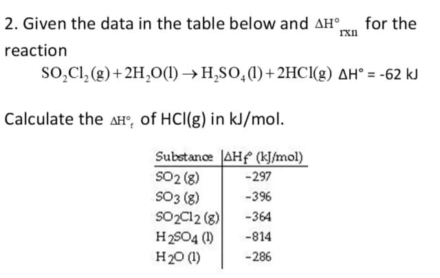 2. Given the data in the table below and AH°.
for the
rxn
reaction
so,Cl, (g) + 2H,0(1) →H,SO,(1)+2HC((g) AH° = -62 kJ
Calculate the AH°, of HCI(g) in kJ/mol.
Substance AHf (kJ/mol)
SO2 (8)
SO3 (g)
SO2C12 (g)
-297
-396
-364
H2S04 (1)
-814
H20 (1)
-286
