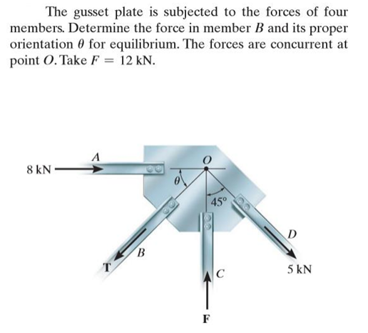 The gusset plate is subjected to the forces of four
members. Determine the force in member B and its proper
orientation 0 for equilibrium. The forces are concurrent at
point O. Take F = 12 kN.
8 kN
60
45°
D
B
T
5 kN
AC
F

