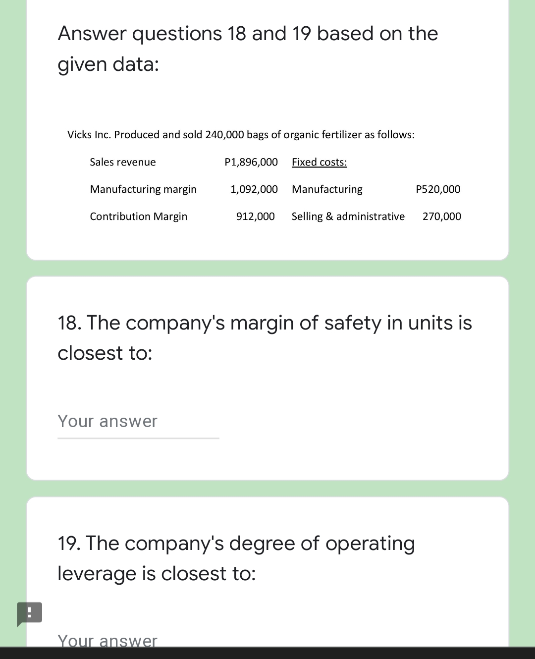 Answer questions 18 and 19 based on the
given data:
Vicks Inc. Produced and sold 240,000 bags of organic fertilizer as follows:
Sales revenue
P1,896,000
Fixed costs:
Manufacturing margin
1,092,000
Manufacturing
P520,000
Contribution Margin
912,000
Selling & administrative
270,000
18. The company's margin of safety in units is
closest to:
Your answer
19. The company's degree of operating
leverage is closest to:
Your answer
