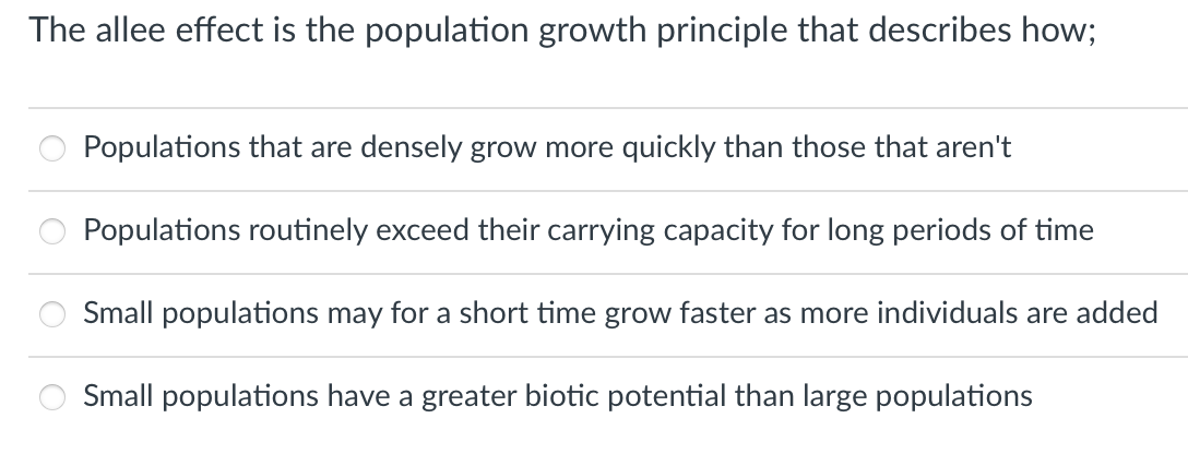 The allee effect is the population growth principle that describes how;
Populations that are densely grow more quickly than those that aren't
Populations routinely exceed their carrying capacity for long periods of time
Small populations may for a short time grow faster as more individuals are added
Small populations have a greater biotic potential than large populations
