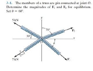 3-1. The members of a truss are pin connected at joint O.
Determine the magnitudes of F, and F₂ for equilibrium.
Set 9 = 60°
5kN
70°
F₂₁
7KN
30°