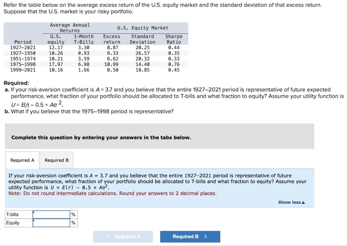 Refer the table below on the average excess return of the U.S. equity market and the standard deviation of that excess return.
Suppose that the U.S. market is your risky portfolio.
Average Annual
Returns
U.S. Equity Market
U.S.
1-Month
Excess Standard
Sharpe
Period
equity
T-Bills
return
Deviation
Ratio
1927-2021
12.17
3.30
8.87
20.25
0.44
1927-1950
10.26
0.93
9.33
26.57
0.35
1951-1974
10.21
3.59
6.62
20.32
0.33
1975-1998
1999-2021
17.97
6.98
10.99
14.40
0.76
10.16
1.66
8.50
18.85
0.45
Required:
a. If your risk-aversion coefficient is A = 3.7 and you believe that the entire 1927-2021 period is representative of future expected
performance, what fraction of your portfolio should be allocated to T-bills and what fraction to equity? Assume your utility function is
UB-0.5× Ao 2
b. What if you believe that the 1975-1998 period is representative?
Complete this question by entering your answers in the tabs below.
Required A
Required B
If your risk-aversion coefficient is A = 3.7 and you believe that the entire 1927-2021 period is representative of future
expected performance, what fraction of your portfolio should be allocated to T-bills and what fraction to equity? Assume your
utility function is U = E(r) - 0.5 × Ao².
Note: Do not round intermediate calculations. Round your answers to 2 decimal places.
T-bills
Equity
%
%
< Required A
Required B >
Show less▲