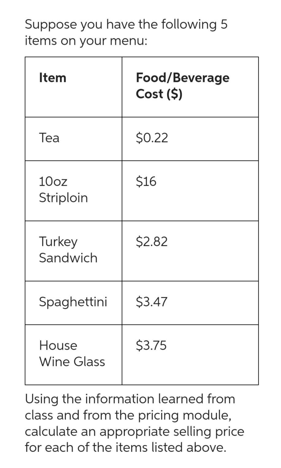 Suppose you have the following 5
items on your menu:
Item
Tea
10oz
Striploin
Turkey
Sandwich
Spaghettini
House
Wine Glass
Food/Beverage
Cost ($)
$0.22
$16
$2.82
$3.47
$3.75
Using the information learned from
class and from the pricing module,
calculate an appropriate selling price
for each of the items listed above.