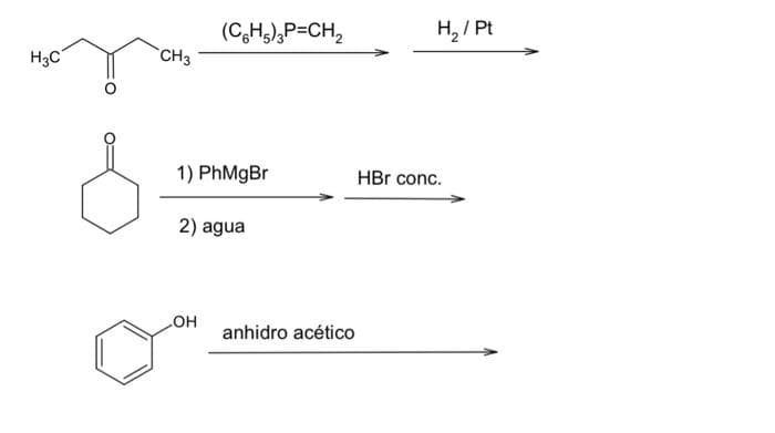 H3C
CH3
(C6H5)3P=CH₂
1) PhMgBr
2) agua
OH
anhidro acético
H₂/Pt
HBr conc.