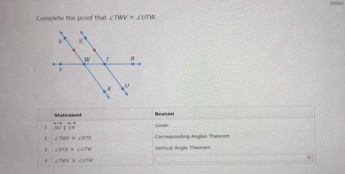 Complete the proof that ZTWV = ZUTW.
1
2
3
Y
S
Statement
SU || VX
W
ZTWV ZRTS
ZRTS ZUTW
4 ZTWV ZUTW
T
+
U
R
Reason
Given
Corresponding Angles Theorem
Vertical Angle Theorem
Video