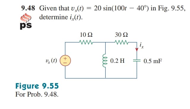 9.48 Given that v,(t) = 20 sin(100t – 40°) in Fig. 9.55,
determine i,(t).
p's
10 Ω
30 Ω
i
Vz (t)
0.2 H
0.5 mF
Figure 9.55
For Prob. 9.48.
elll
