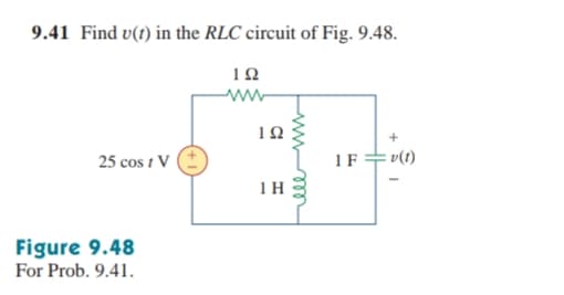 9.41 Find v(t) in the RLC circuit of Fig. 9.48.
25 cos t V
IF+v(1)
1 H
Figure 9.48
For Prob. 9.41.
