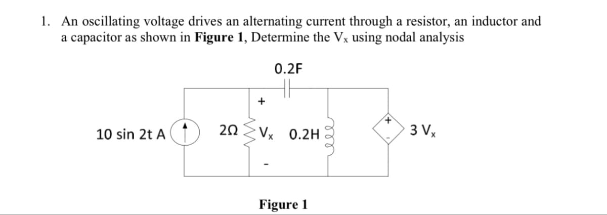 1. An oscillating voltage drives an alternating current through a resistor, an inductor and
a capacitor as shown in Figure 1, Determine the Vx using nodal analysis
0.2F
10 sin 2t A
+
20Vx 0.2H
Figure 1
eee
3 Vx