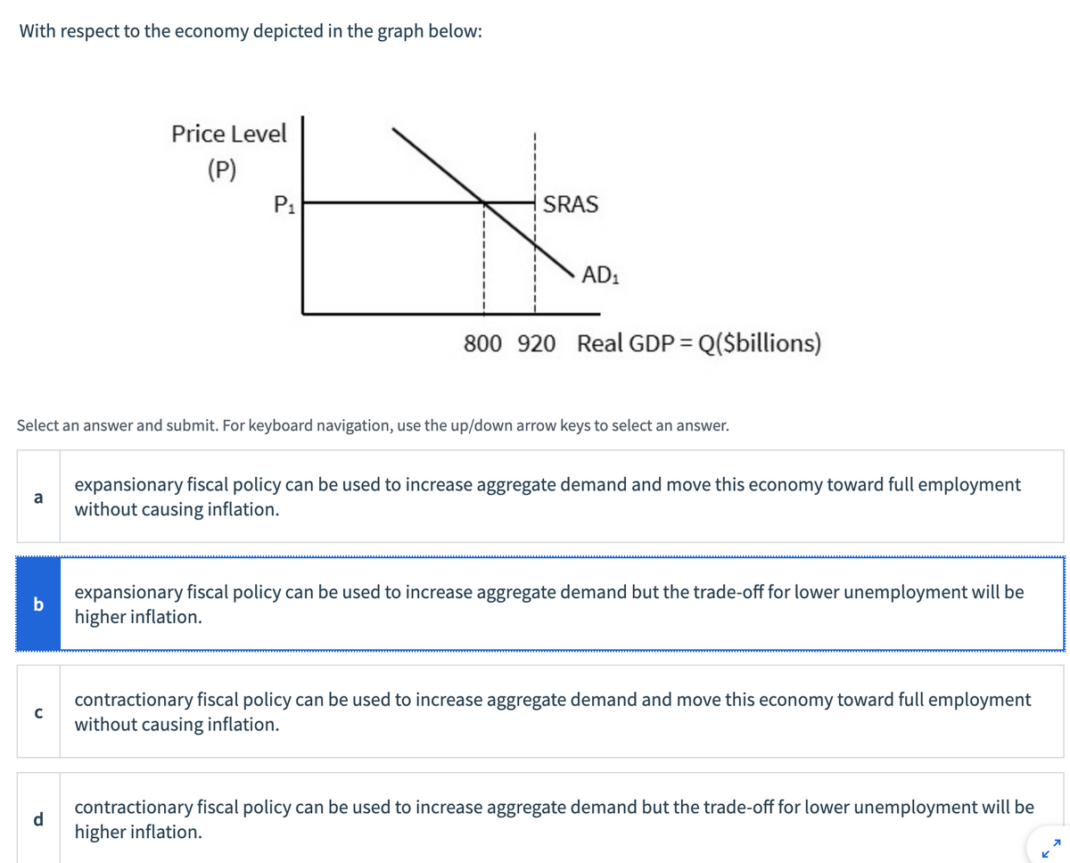 With respect to the economy depicted in the graph below:
a
b
Price Level
(P)
C
P₁
SRAS
Select an answer and submit. For keyboard navigation, use the up/down arrow keys to select an answer.
AD₁
800 920 Real GDP = Q($billions)
expansionary fiscal policy can be used to increase aggregate demand and move this economy toward full employment
without causing inflation.
expansionary fiscal policy can be used to increase aggregate demand but the trade-off for lower unemployment will be
higher inflation.
contractionary fiscal policy can be used to increase aggregate demand and move this economy toward full employment
without causing inflation.
contractionary fiscal policy can be used to increase aggregate demand but the trade-off for lower unemployment will be
higher inflation.
