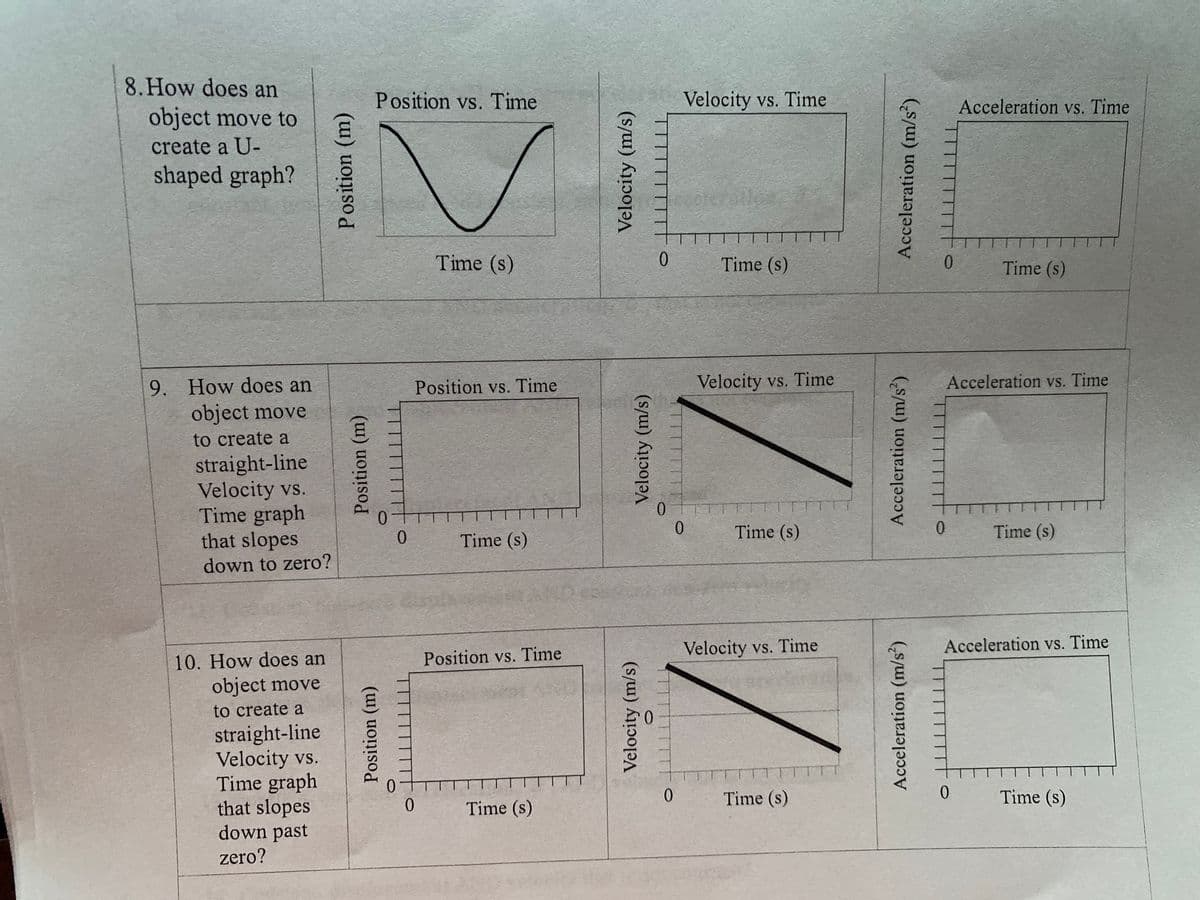 8.How does an
Position vs. Time
Velocity vs. Time
Acceleration vs. Time
object move to
create a U-
shaped graph?
Time (s)
0.
Time (s)
0.
Time (s)
Velocity vs. Time
Acceleration vs. Time
9. How does an
object move
Position vs. Time
to create a
straight-line
Velocity vs.
Time graph
that slopes
down to zero?
ㅇ
0.
Time (s)
Time (s)
Time (s)
Velocity vs. Time
Acceleration vs. Time
10. How does an
Position vs. Time
object move
to create a
straight-line
Velocity vs.
Time graph
that slopes
down past
TT
0.
0.
Time (s)
0.
Time (s)
Time (s)
zero?
Position (m)
Position (m)
Position (m)
Velocity (m/s)
Velocity (m/s)
Velocity (m/s)
Acceleration (m/s')
Acceleration (m/s?)
Acceleration (m/s')
