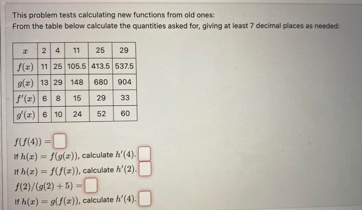 This problem tests calculating new functions from old ones:
From the table below calculate the quantities asked for, giving at least 7 decimal places as needed:
24
11
25 29
f(x) 11 25 105.5 413.5 537.5
g(x) 13 29 148
680 904
f'(x) 6 8
15
29 33
g'(x) 6 10 24 52 60
X
00
f(f(4)) =
If h(x) = f(g(x)), calculate h'(4).
If h(x) = f(f(x)), calculate h' (2).
f(2)/(g(2)+5) =
If h(x) = g(f(x)), calculate h'(4).