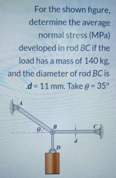 For the shown figure,
determine the average
normal stress (MPa)
developed in rod BC if the
load has a mass of 140 kg,
and the diameter of rod BC is
.d = 11 mm. Take A = 35°
%3D
C
