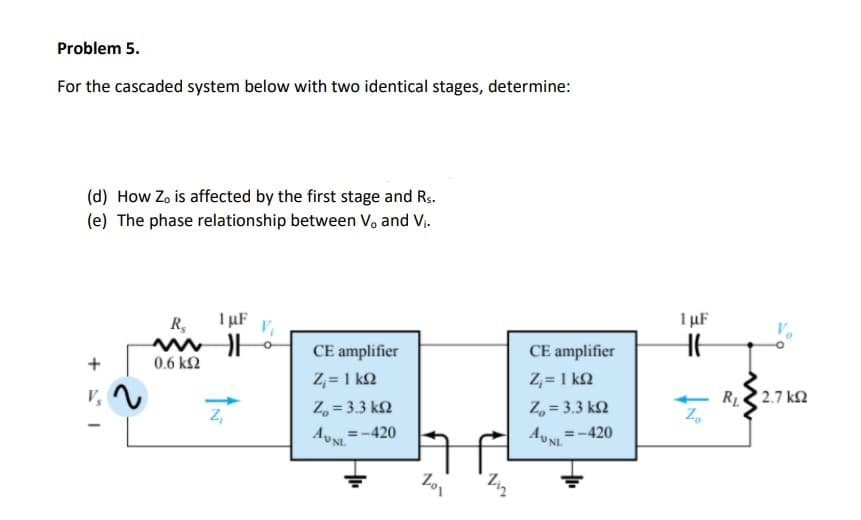 Problem 5.
For the cascaded system below with two identical stages, determine:
(d) How Zo is affected by the first stage and Rs.
(e) The phase relationship between V, and V..
I µF
I µF
R,
Vi
CE amplifier
CE amplifier
+
0.6 k2
Z,= 1 k.
Z,= 1 kQ
RL 2.7 k
Z.
Z, = 3.3 k2
AUNL
Z, = 3.3 kN
Z,
=-420
AUN =-420
Lo1
