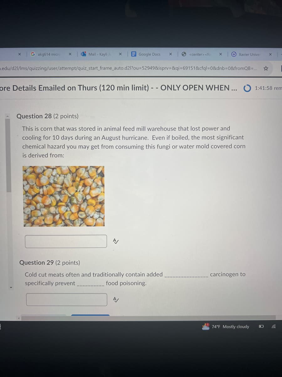 G akg614 micro X
Mail - Kayli Je
X
Google Docs
<center> <for
Xavier Univer
X
.edu/d2l/lms/quizzing/user/attempt/quiz_start_frame_auto.d2l?ou=52949&isprv=&qi=69151&cfql=0&dnb=0&fromQB=...
ore Details Emailed on Thurs (120 min limit) - - ONLY OPEN WHEN... 1:41:58 rem
Question 28 (2 points)
This is corn that was stored in animal feed mill warehouse that lost power and
cooling for 10 days during an August hurricane. Even if boiled, the most significant
chemical hazard you may get from consuming this fungi or water mold covered corn
is derived from:
신
Question 29 (2 points)
Cold cut meats often and traditionally contain added
specifically prevent
food poisoning.
A
carcinogen to
74°F Mostly cloudy
