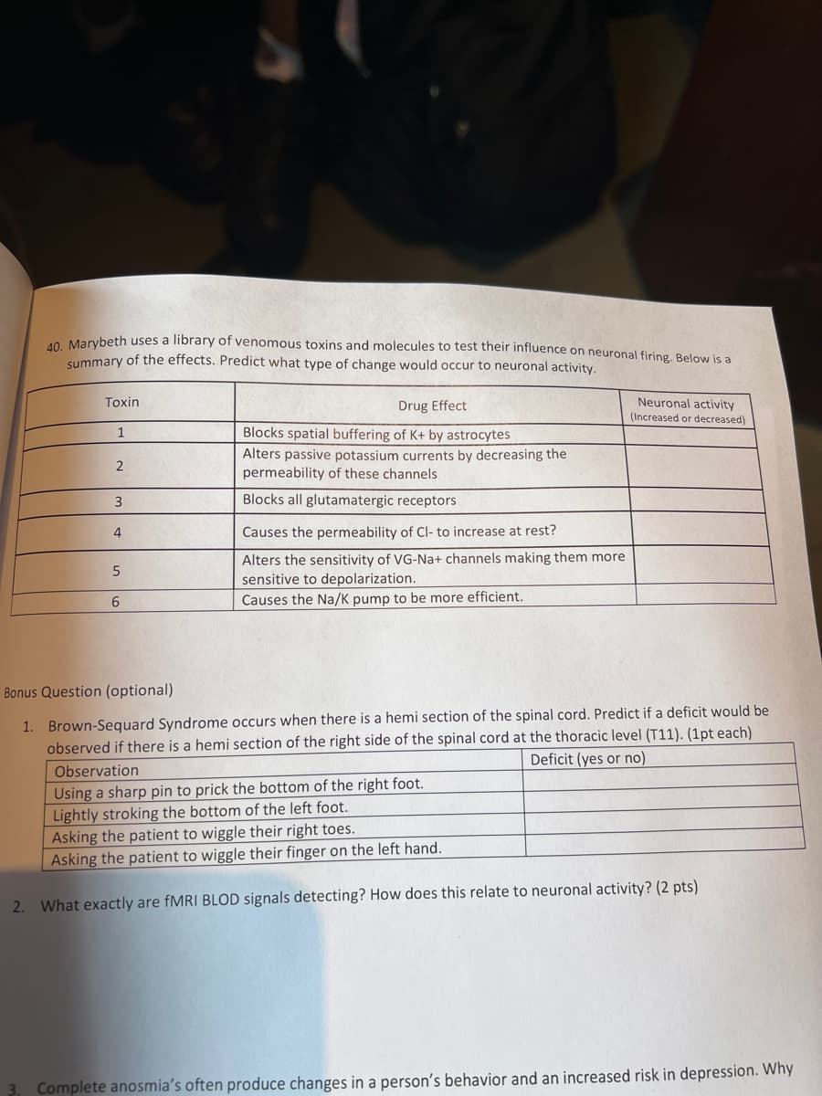 40. Marybeth uses a library of venomous toxins and molecules to test their influence on neuronal firing. Below is a
summary of the effects. Predict what type of change would occur to neuronal activity.
Toxin
1
Drug Effect
Blocks spatial buffering of K+ by astrocytes
Alters passive potassium currents by decreasing the
permeability of these channels
Neuronal activity
(Increased or decreased)
2
3
Blocks all glutamatergic receptors
4
Causes the permeability of Cl- to increase at rest?
5
Alters the sensitivity of VG-Na+ channels making them more
sensitive to depolarization.
6
Causes the Na/K pump to be more efficient.
Bonus Question (optional)
1. Brown-Sequard Syndrome occurs when there is a hemi section of the spinal cord. Predict if a deficit would be
observed if there is a hemi section of the right side of the spinal cord at the thoracic level (T11). (1pt each)
Observation
Using a sharp pin to prick the bottom of the right foot.
Lightly stroking the bottom of the left foot.
Deficit (yes or no)
Asking the patient to wiggle their right toes.
Asking the patient to wiggle their finger on the left hand.
2. What exactly are fMRI BLOD signals detecting? How does this relate to neuronal activity? (2 pts)
Complete anosmia's often produce changes in a person's behavior and an increased risk in depression. Why