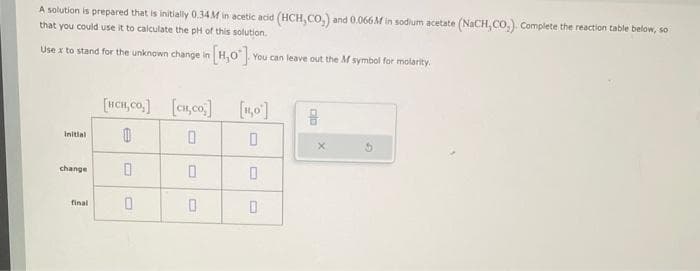 A solution is prepared that is initially 0.34M in acetic acid (HCH,CO,) and 0.066M in sodium acetate (NaCH, CO₂). Complete the reaction table below, so
that you could use it to calculate the pH of this solution.
Use x to stand for the unknown change in [H0] You can leave out the M symbol for molarity
Initial
change
final
[HCH,Co,]
0
0
0
[cu,co]
0
0
0
[₂0]
0
0
0
8
X