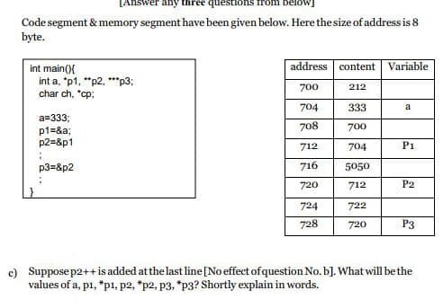 LAnswer any the
questions
Code segment & memory segment have been given below. Here the size of address is 8
byte.
address content
Variable
int main(){
int a, "p1, "p2, **p3;
char ch, "cp;
700
212
704
333
a
a=333;
p1=&a3;
p2=&p1
708
700
712
704
P1
p3=&p2
716
5050
720
712
P2
724
722
728
720
P3
c) Suppose p2++ is added atthe last line[No effect of question No.b]. What will bethe
values of a, p1, *p1, p2, *p2, p3. "p3? Shortly explain in words.
