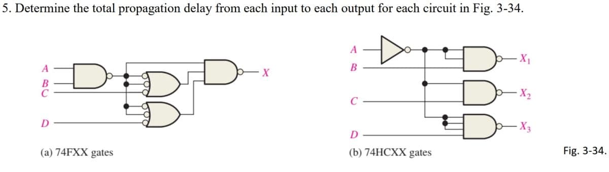 5. Determine the total propagation delay from each input to each output for each circuit in Fig. 3-34.
A
X₁
B
A
X
X₂
с
C
D
D
(a) 74FXX gates
(b) 74HCXX gates
DIRD
Fig. 3-34.