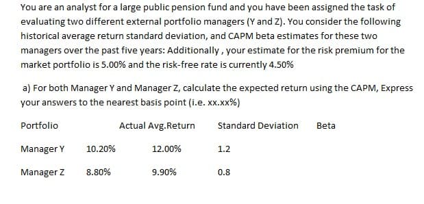 You are an analyst for a large public pension fund and you have been assigned the task of
evaluating two different external portfolio managers (Y and Z). You consider the following
historical average return standard deviation, and CAPM beta estimates for these two
managers over the past five years: Additionally , your estimate for the risk premium for the
market portfolio is 5.00% and the risk-free rate is currently 4.50%
a) For both Manager Y and Manager Z, calculate the expected return using the CAPM, Express
your answers to the nearest basis point (i.e. xx.xx%)
Portfolio
Actual Avg.Return
Standard Deviation
Beta
Manager Y
10.20%
12.00%
1.2
Manager Z
8.80%
9.90%
0.8

