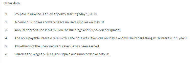 Other data:
1.
2.
3.
4.
5.
6.
Prepaid insurance is a 1-year policy starting May 1, 2022.
A count of supplies shows $700 of unused supplies on May 31.
Annual depreciation is $3,528 on the buildings and $1,560 on equipment.
The note payable interest rate is 6%. (The note was taken out on May 1 and will be repaid along with interest in 1 year.)
Two-thirds of the unearned rent revenue has been earned.
Salaries and wages of $800 are unpaid and unrecorded at May 31.