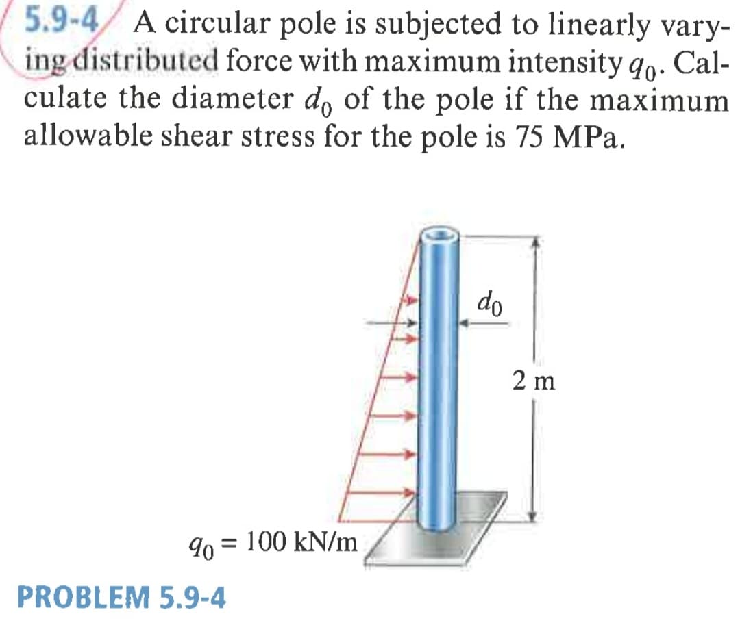 5.9-4/ A circular pole is subjected to linearly vary-
ing distributed force with maximum intensity 90. Cal-
culate the diameter d, of the pole if the maximum
allowable shear stress for the pole is 75 MPa.
do
2 m
90 =
= 100 kN/m
PROBLEM 5.9-4
