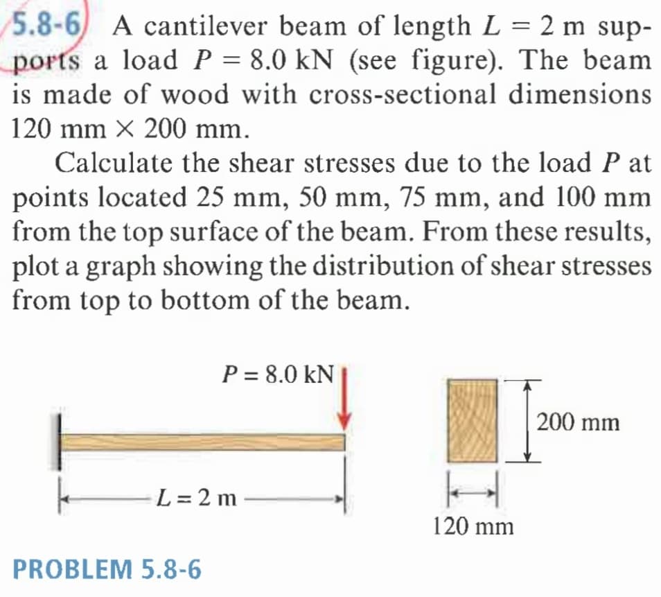 5.8-6) A cantilever beam of length L = 2 m sup-
ports a load P = 8.0 kN (see figure). The beam
is made of wood with cross-sectional dimensions
120 mm X 200 mm.
Calculate the shear stresses due to the load P at
points located 25 mm, 50 mm, 75 mm, and 100 mm
from the top surface of the beam. From these results,
plot a graph showing the distribution of shear stresses
from top to bottom of the beam.
P = 8.0 kN
200 mm
L = 2 m
120 mm
PROBLEM 5.8-6
