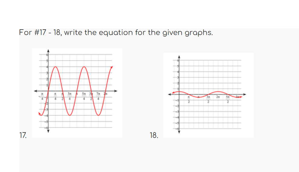 For #17 - 18, write the equation for the given graphs.
17.
3x
5x 3
Tx
4
18.
R
3
2
28
Sa