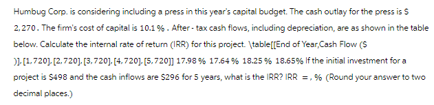 Humbug Corp. is considering including a press in this year's capital budget. The cash outlay for the press is $
2,270. The firm's cost of capital is 10.1%. After-tax cash flows, including depreciation, are as shown in the table
below. Calculate the internal rate of return (IRR) for this project. \table[[End of Year,Cash Flow ($
)], [1,720], [2,720], [3,720], [4,720], [5,720]] 17.98% 17.64% 18.25 % 18.65% If the initial investment for a
project is $498 and the cash inflows are $296 for 5 years, what is the IRR? IRR = % (Round your answer to two
decimal places.)