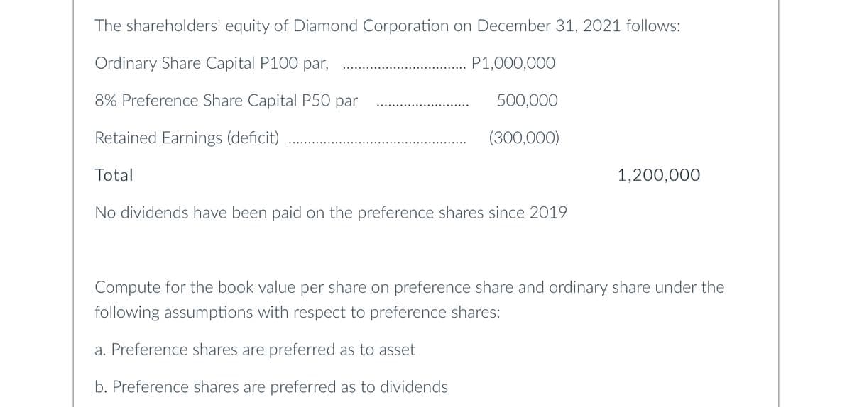 The shareholders' equity of Diamond Corporation on December 31, 2021 follows:
Ordinary Share Capital P100 par,
P1,000,000
8% Preference Share Capital P50 par
500,000
Retained Earnings (deficit)
(300,000)
Total
1,200,000
No dividends have been paid on the preference shares since 2019
Compute for the book value per share on preference share and ordinary share under the
following assumptions with respect to preference shares:
a. Preference shares are preferred as to asset
b. Preference shares are preferred as to dividends

