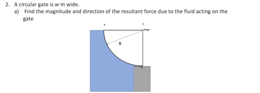 2. A circular gate is w m wide.
a) Find the magnitude and direction of the resultant force due to the fluid acting on the
gate
R
Hinge