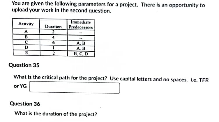You are given the following parameters for a project. There is an opportunity to
upload your work in the second question.
Immediate
Predecessors
Activity
Duration
2
B
4
A, B
А. В
В. С. D
D
E
2
Question 35
What is the critical path for the project? Use capital letters and no spaces. i.e. TFR
or YG
Question 36
What is the duration of the project?
