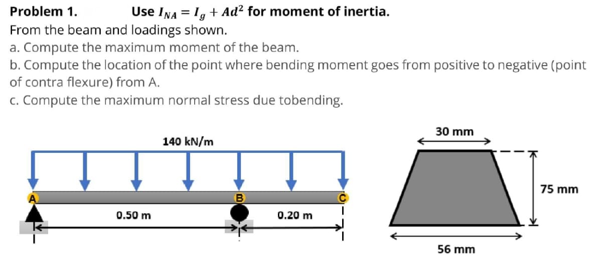 Problem 1.
Use INA = I, + Ad² for moment of inertia.
From the beam and loadings shown.
a. Compute the maximum moment of the beam.
b. Compute the location of the point where bending moment goes from positive to negative (point
of contra flexure) from A.
c. Compute the maximum normal stress due tobending.
30 mm
140 kN/m
75 mm
0.50 m
0.20 m
56 mm
