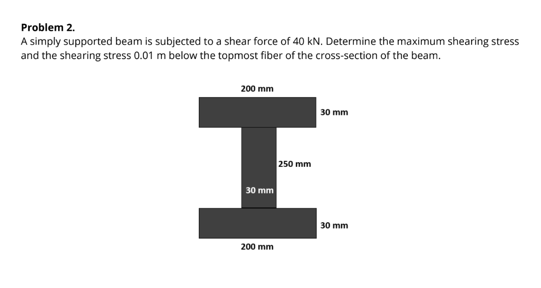 Problem 2.
A simply supported beam is subjected to a shear force of 40 kN. Determine the maximum shearing stress
and the shearing stress 0.01 m below the topmost fiber of the cross-section of the beam.
200 mm
30 mm
250 mm
30 mm
30 mm
200 mm
